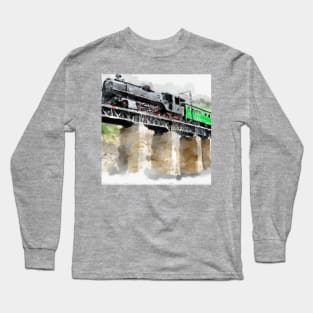 Steam Locomotive on a Bridge Watercolor Long Sleeve T-Shirt